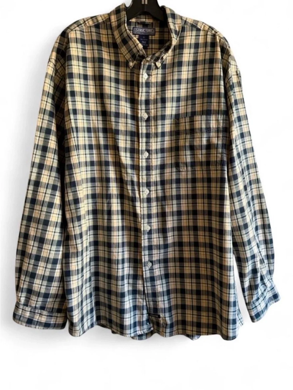 Structure Men’s Navy and Beige Plaid Button-Down Shirt